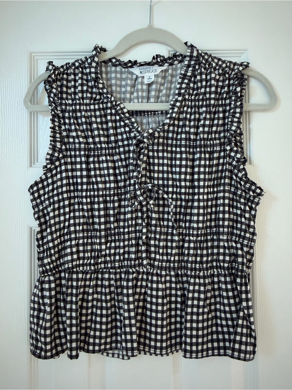 Market & Spruce Black and White Gingham Sleeveless Tie-Front Peplum Top